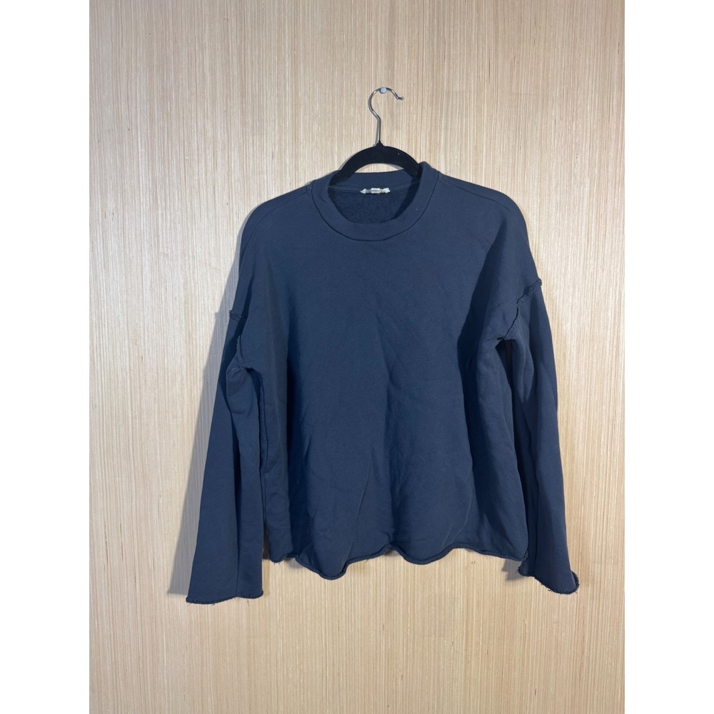Eileen Fisher Organic Cotton French Terry Raw Hem Sweatshirt Navy Boxy Oversized